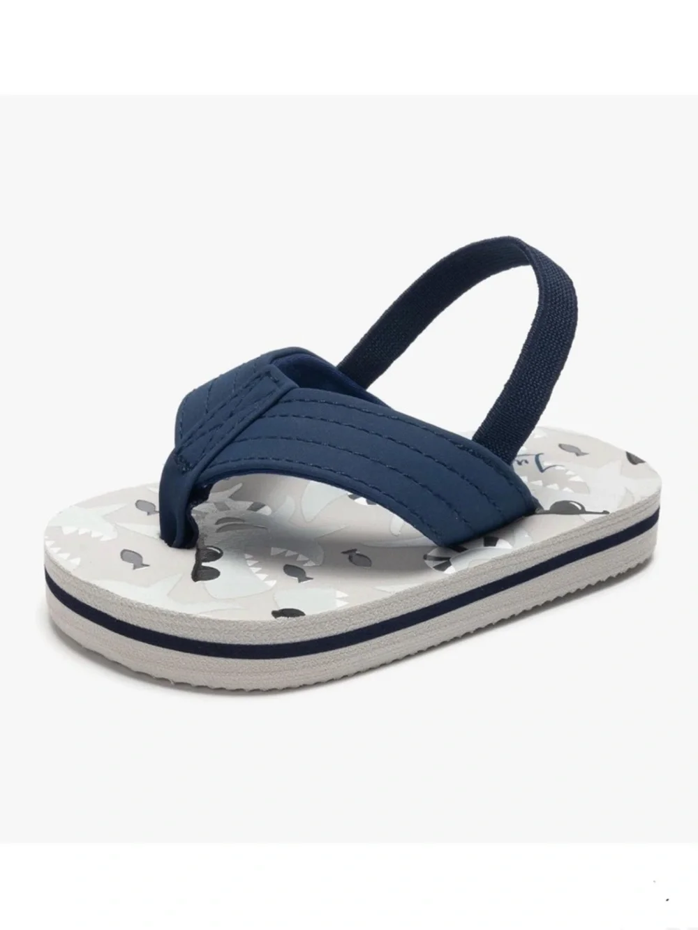 Toddler Navy Shark Print Backstrap Flip Flops - Picture 1 of 11